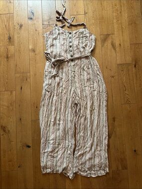 Striped Halter Tie-Waist Jumpsuit in Cream and Pink green XLG NWT